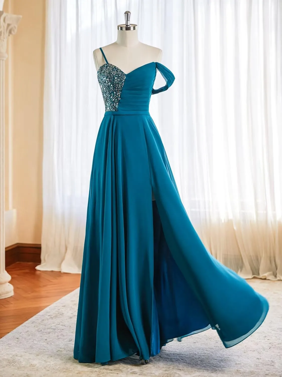 One Shoulder Chiffon Bridesmaid Dresses with Sequin Pleated A Line Formal Party Gowns with Slit