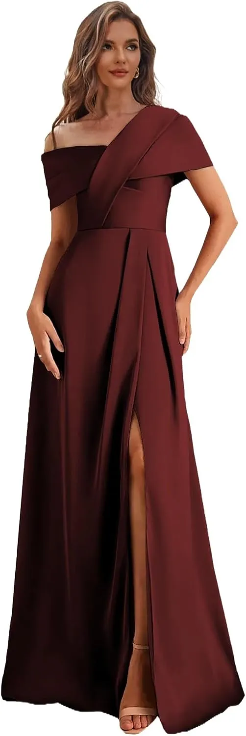 One Shoulder Mother of The Bride Dresses with Sleeves Satin Formal Dress for Women Wedding Guest