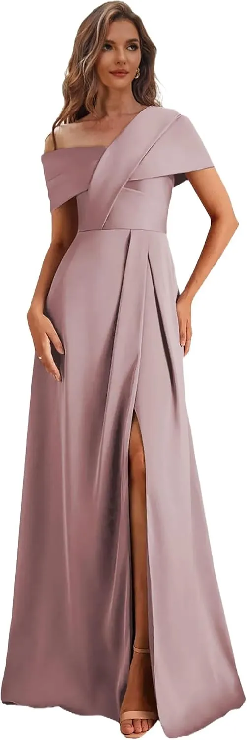 One Shoulder Mother of The Bride Dresses with Sleeves Satin Formal Dress for Women Wedding Guest