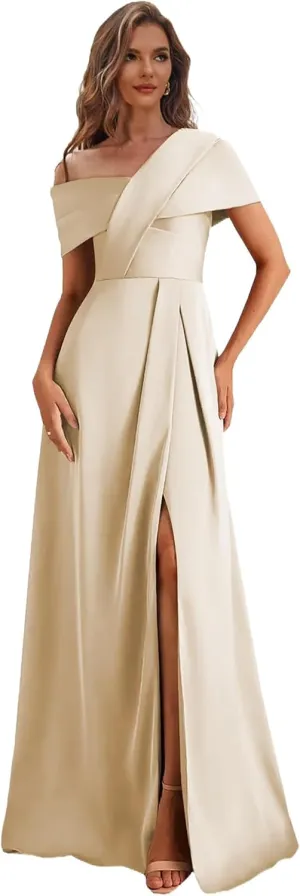 One Shoulder Mother of The Bride Dresses with Sleeves Satin Formal Dress for Women Wedding Guest