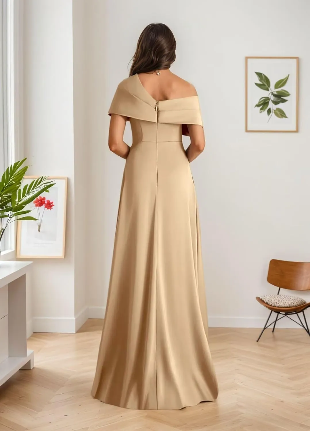 One Shoulder Mother of The Bride Dresses with Sleeves Satin Formal Dress for Women Wedding Guest