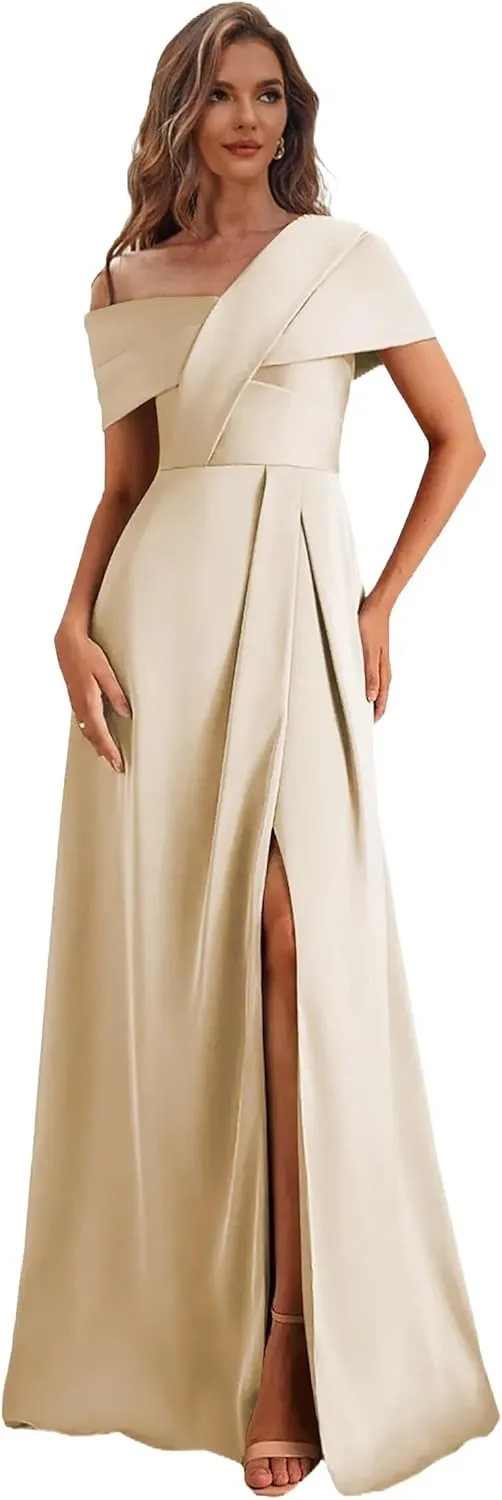 One Shoulder Mother of The Bride Dresses with Sleeves Satin Formal Dress for Women Wedding Guest