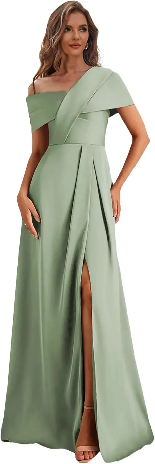 One Shoulder Mother of The Bride Dresses with Sleeves Satin Formal Dress for Women Wedding Guest