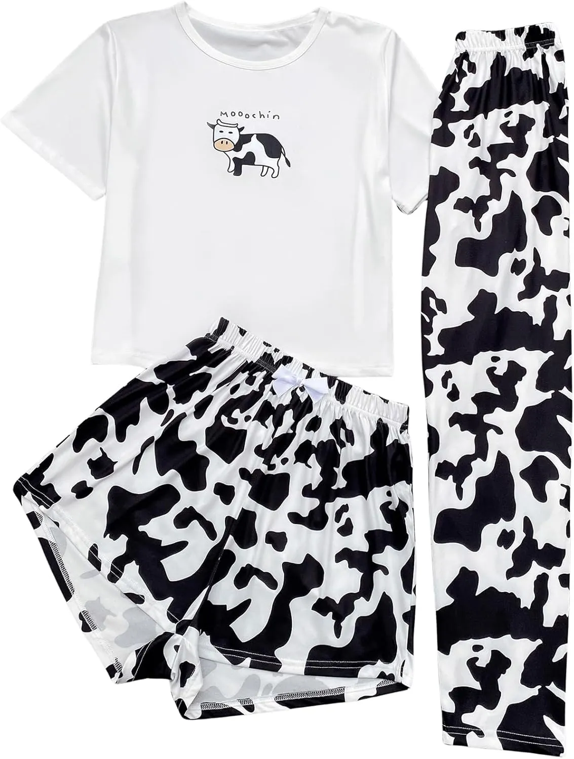 OYOANGLE Women's 3 Piece Pajama Set Sleepwear Loungewear Sets PJ Set Print Tee Top and Shorts with Pants