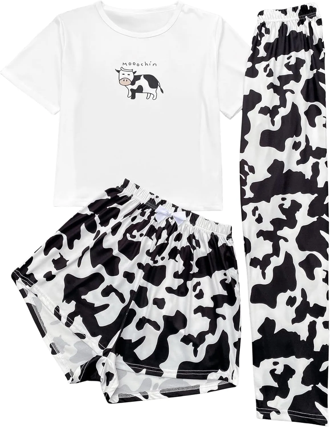 OYOANGLE Women's 3 Piece Pajama Set Sleepwear Loungewear Sets PJ Set Print Tee Top and Shorts with Pants