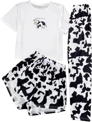 OYOANGLE Women's 3 Piece Pajama Set Sleepwear Loungewear Sets PJ Set Print Tee Top and Shorts with Pants