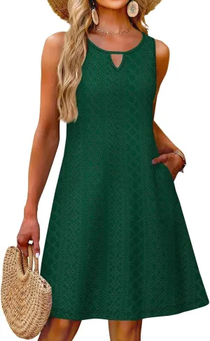 PETYCZEN Beach Dresses for Women 2025 Summer Keyhole Neck Eyelet Dress with Pockets Casual Vacation Tank Dress Beach Cover Up