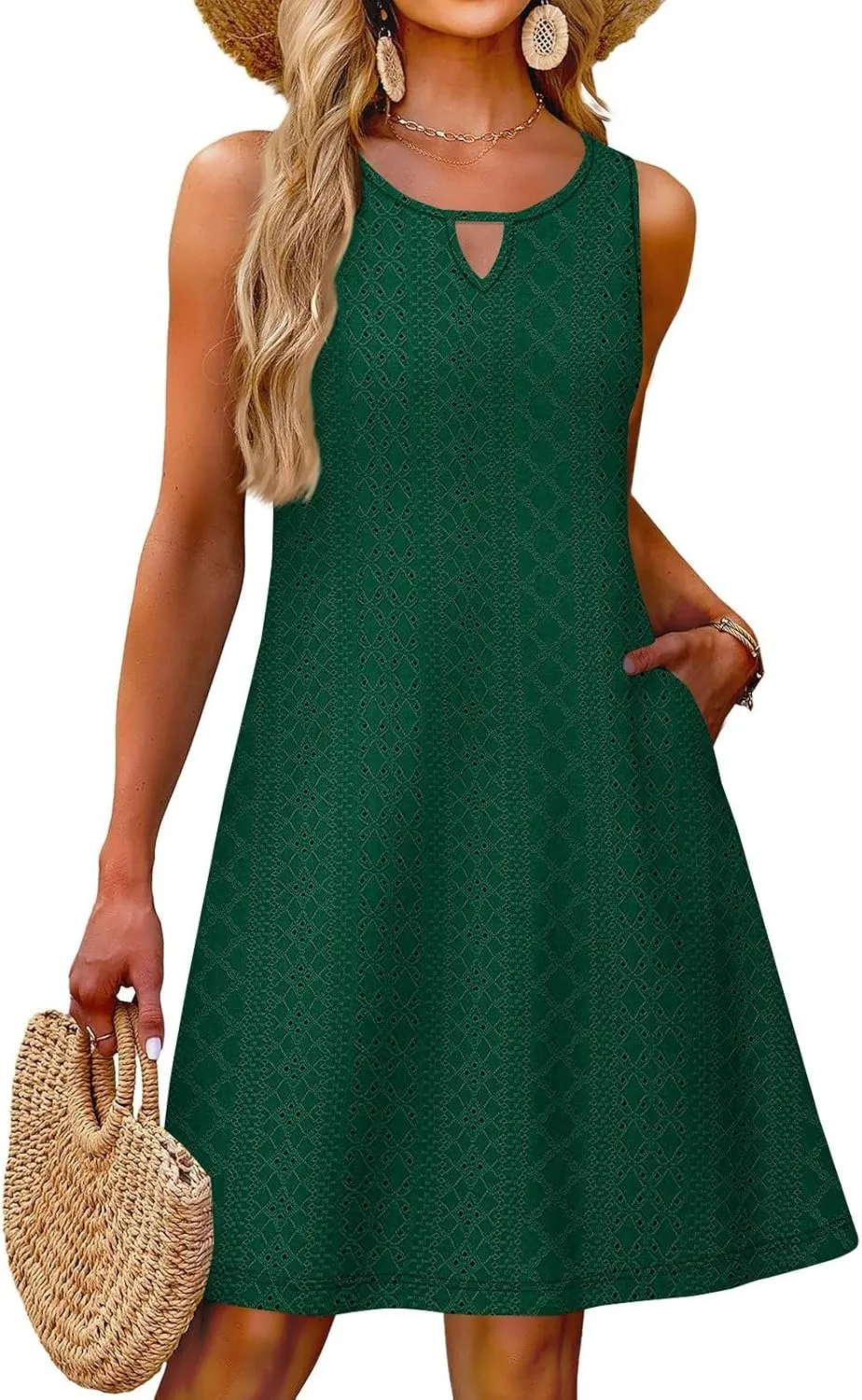 PETYCZEN Beach Dresses for Women 2025 Summer Keyhole Neck Eyelet Dress with Pockets Casual Vacation Tank Dress Beach Cover Up