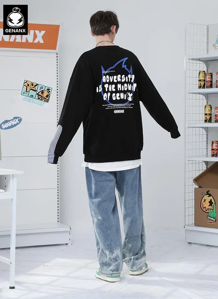 Plain Vertical Striped Drop-Shoulder Sleeve Pullover Sweatshirt