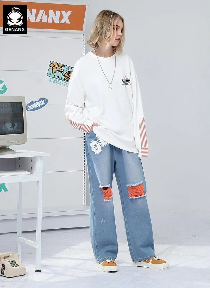 Plain Vertical Striped Drop-Shoulder Sleeve Pullover Sweatshirt