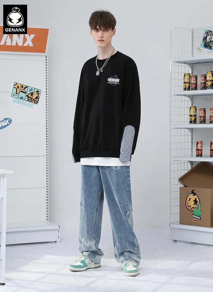 Plain Vertical Striped Drop-Shoulder Sleeve Pullover Sweatshirt