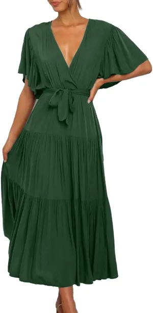 Pleated Dress for Women Formal Summer Short Sleeve A Line Dresses Tiered V Neck Spring Boho Wedding Dress with Belt