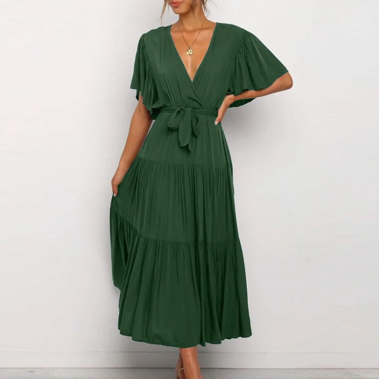 Pleated Dress for Women Formal Summer Short Sleeve A Line Dresses Tiered V Neck Spring Boho Wedding Dress with Belt