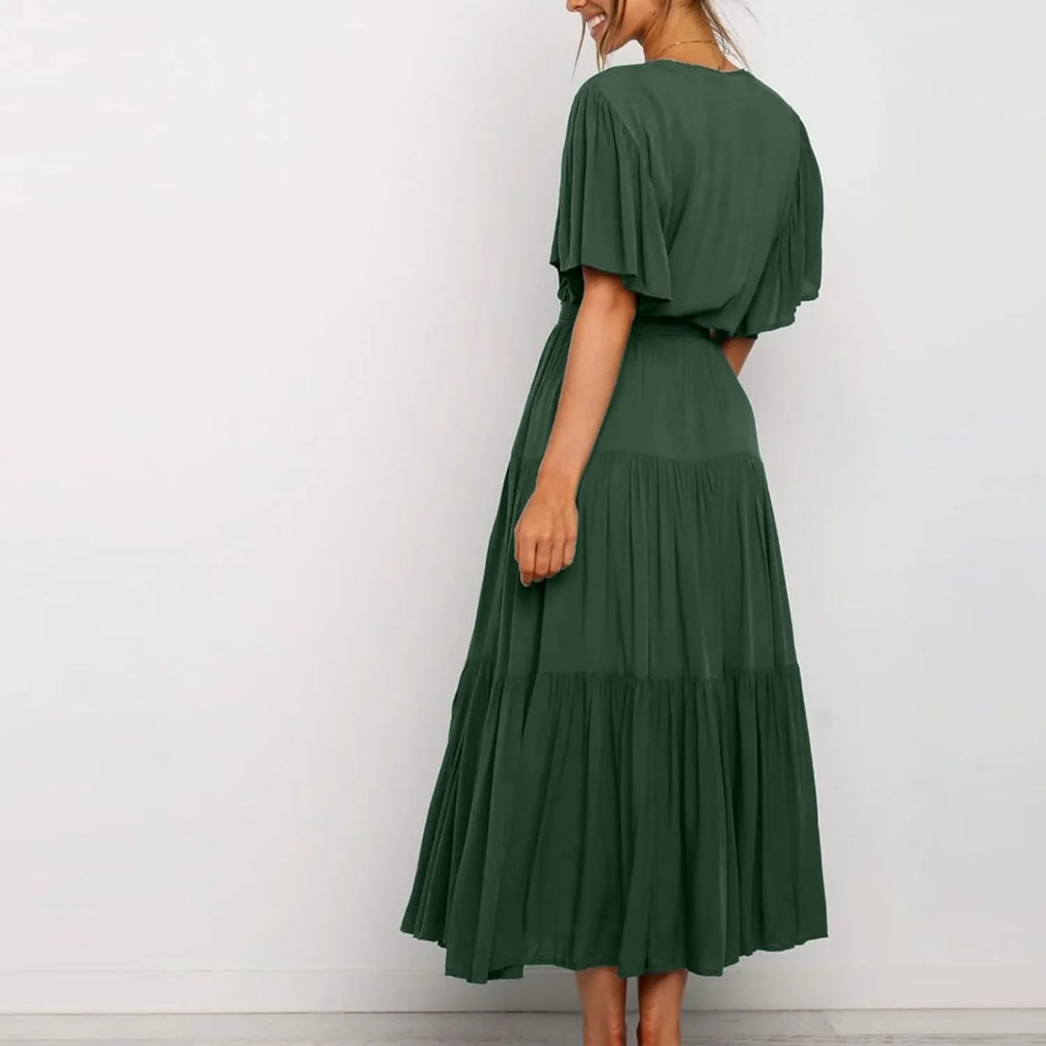 Pleated Dress for Women Formal Summer Short Sleeve A Line Dresses Tiered V Neck Spring Boho Wedding Dress with Belt