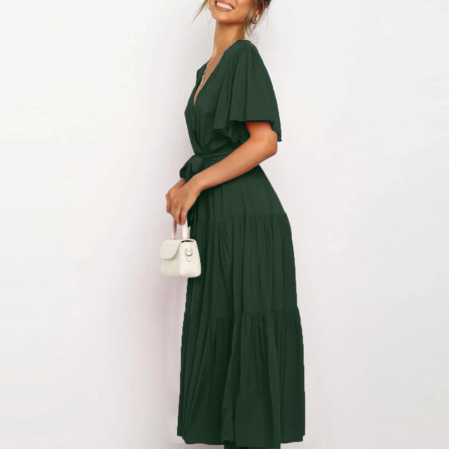 Pleated Dress for Women Formal Summer Short Sleeve A Line Dresses Tiered V Neck Spring Boho Wedding Dress with Belt