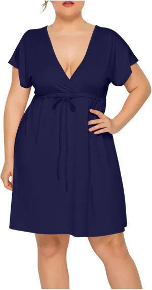 Plus Size Dress for Women Summer Casual Loose Fit Deep V Short Sleeve Elegant Dresses Solid Color Pleated Mini Dress