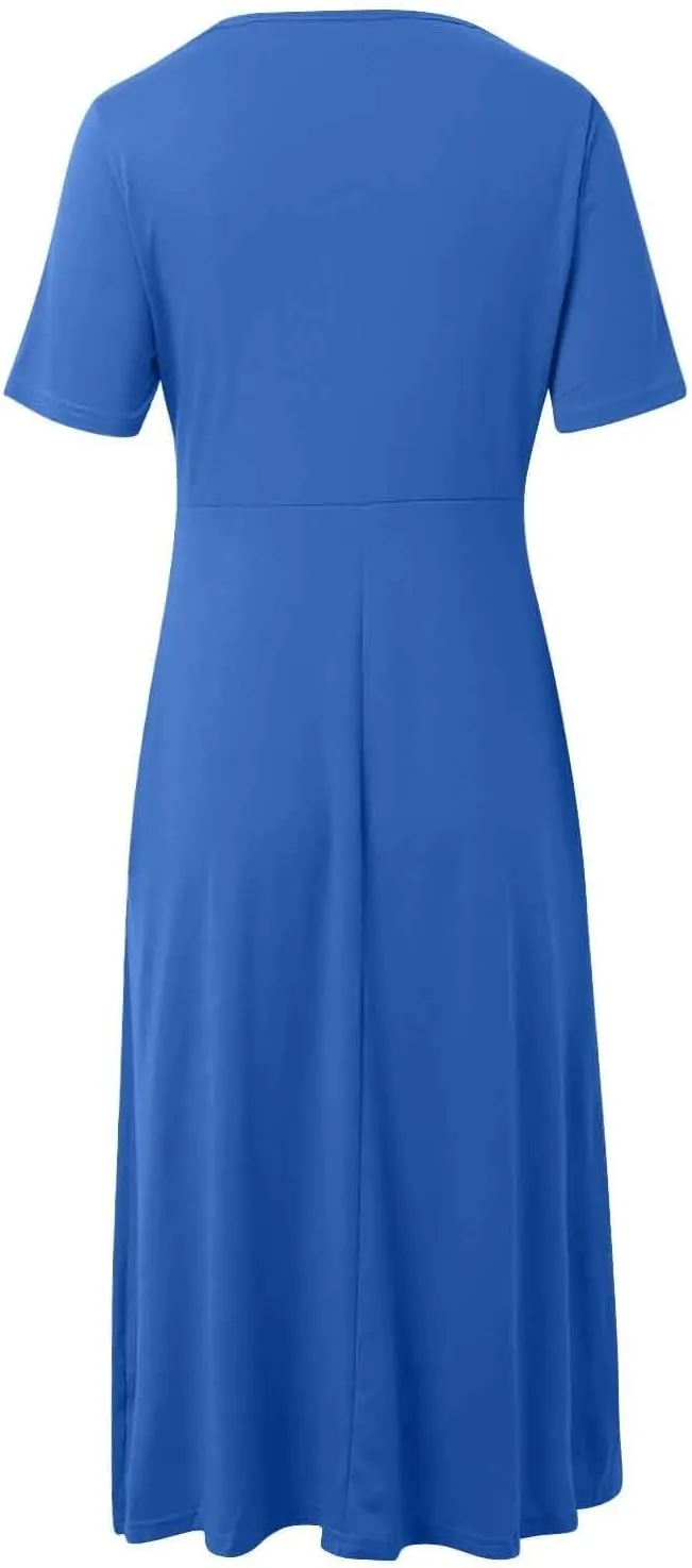 PTOLOCIF Women Fashion Solid Short Sleeve Casual Loose Long Dress with Pockets Dress for Women Beach Summer