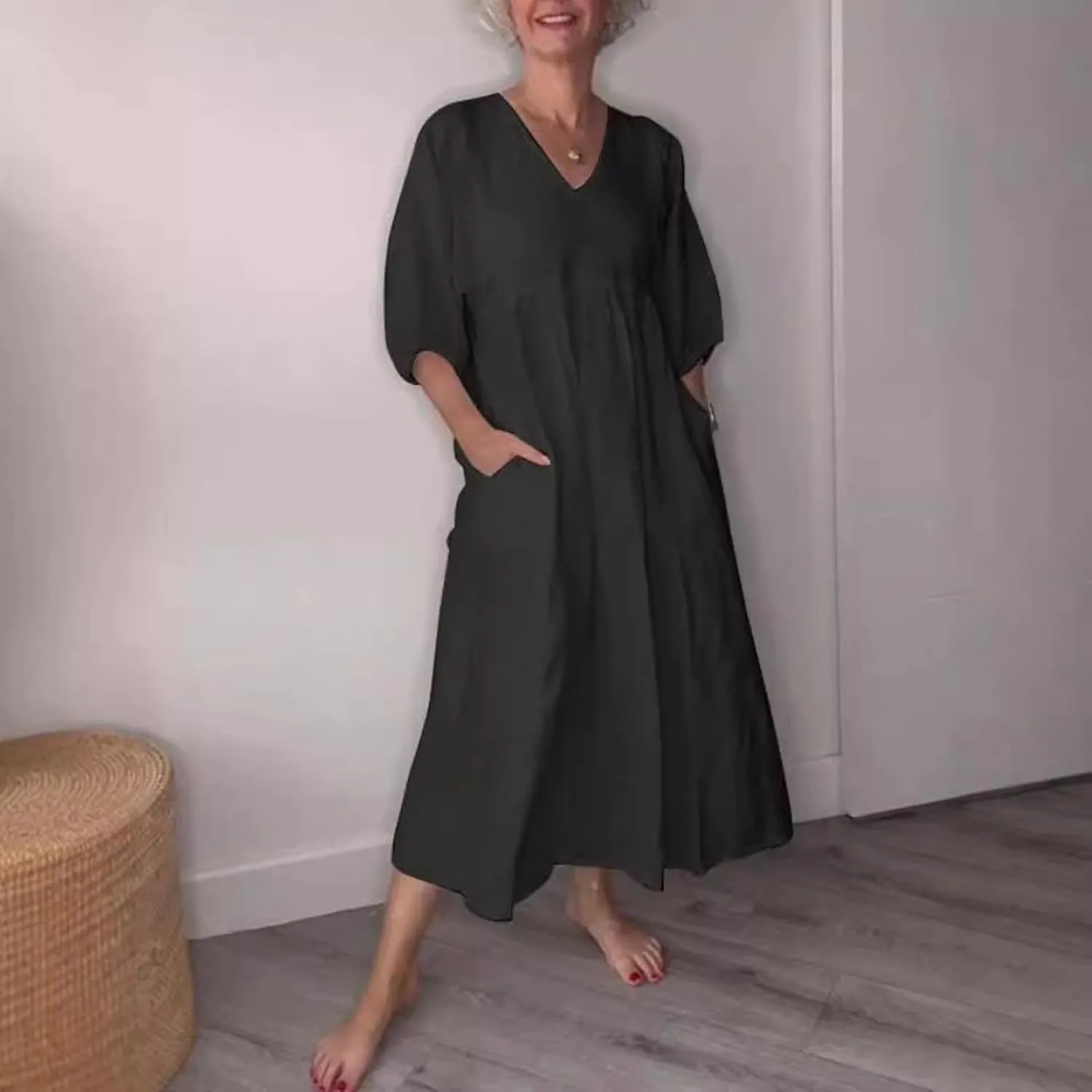 PTOLOCIF Womens Summer Casual Half Sleeve V Neck Midi Dresses Plus Size Dress a Line Flowy Tiered 2025 Boho Beach Dress