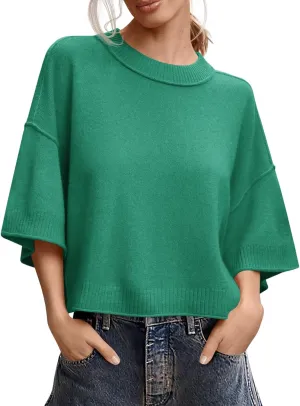 Saodimallsu Womens Short Sleeve Sweater Summer Oversized Cropped Sweaters Casual Crewneck Lightweight Knit Tops