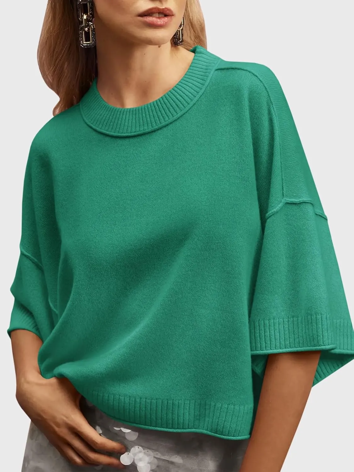 Saodimallsu Womens Short Sleeve Sweater Summer Oversized Cropped Sweaters Casual Crewneck Lightweight Knit Tops