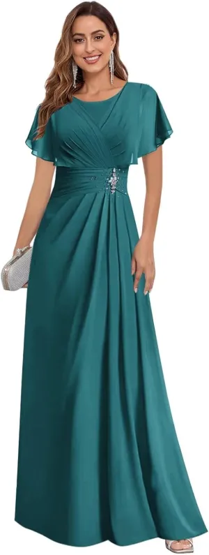 Scoop Neck Chiffon Mother of The Bride Dresses for Women Long Beaded Formal Evening Gown