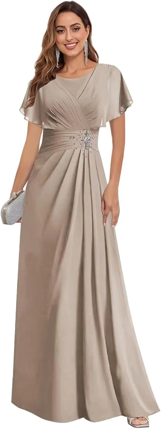 Scoop Neck Chiffon Mother of The Bride Dresses for Women Long Beaded Formal Evening Gown