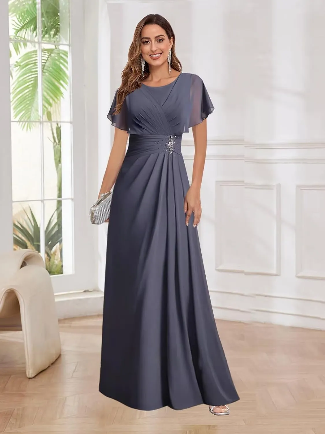 Scoop Neck Chiffon Mother of The Bride Dresses for Women Long Beaded Formal Evening Gown