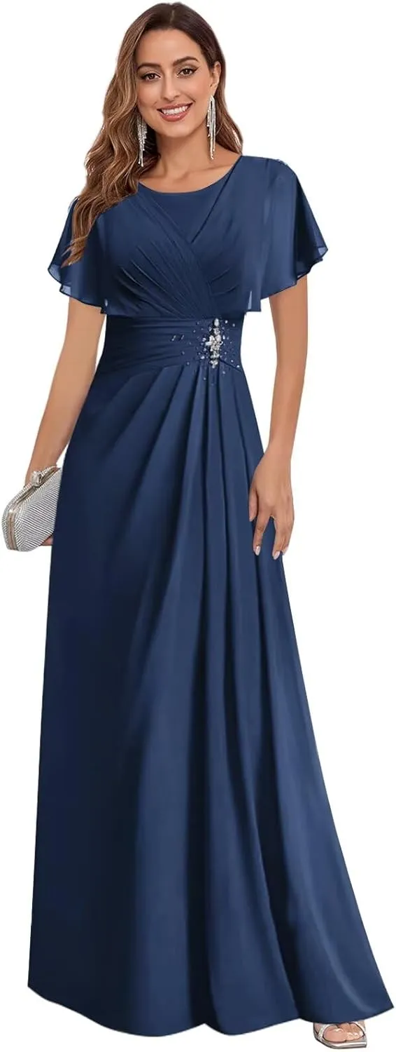 Scoop Neck Chiffon Mother of The Bride Dresses for Women Long Beaded Formal Evening Gown