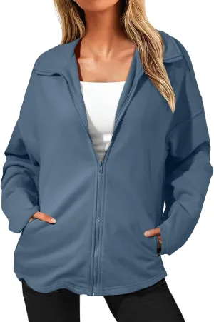 SHEWIN Womens Zip Up Sweatshirt Long Sleeve Oversized Sweatshirts With Pockets Fall Outfit Clothes 2024