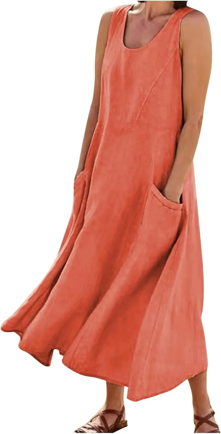 Sleeveless Dress for Women Casual Cute Maxi Sundresses Midi Length Plain Plus Size Linen House Tank Dresses with Pockets
