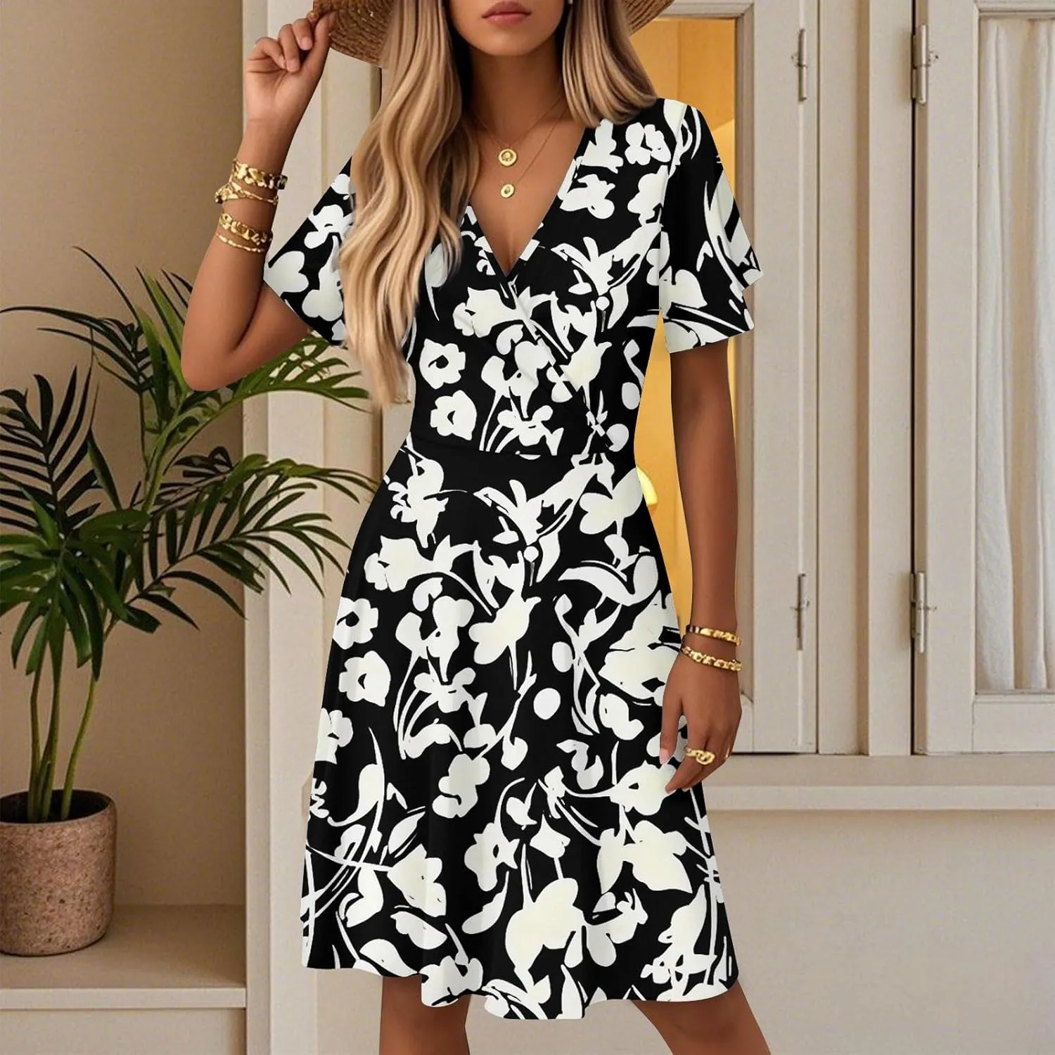 Summer Boho Floral Dresses for Women 2025 Casual V Neck Short Sleeve Flowy Wrap Dress A-Line Midi Vacation Beach Sundress