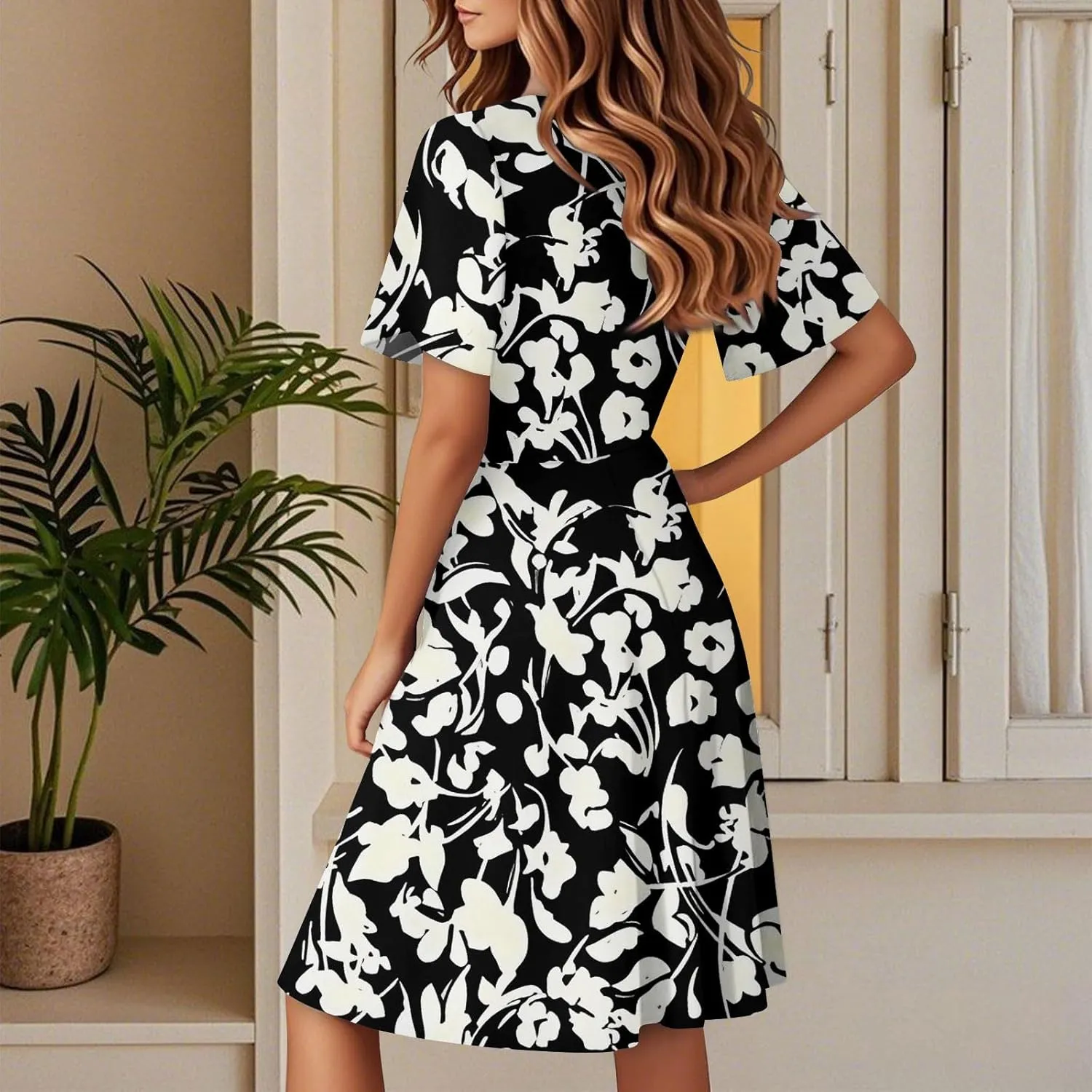 Summer Boho Floral Dresses for Women 2025 Casual V Neck Short Sleeve Flowy Wrap Dress A-Line Midi Vacation Beach Sundress