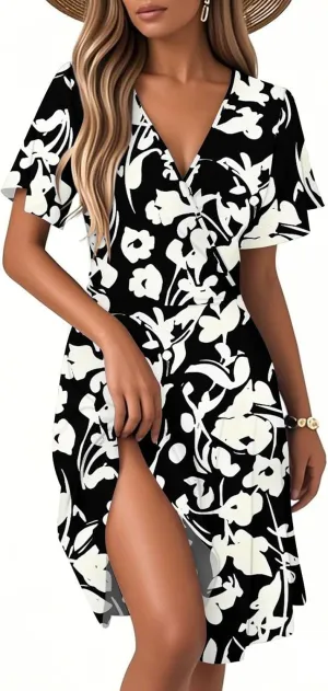Summer Boho Floral Dresses for Women 2025 Casual V Neck Short Sleeve Flowy Wrap Dress A-Line Midi Vacation Beach Sundress