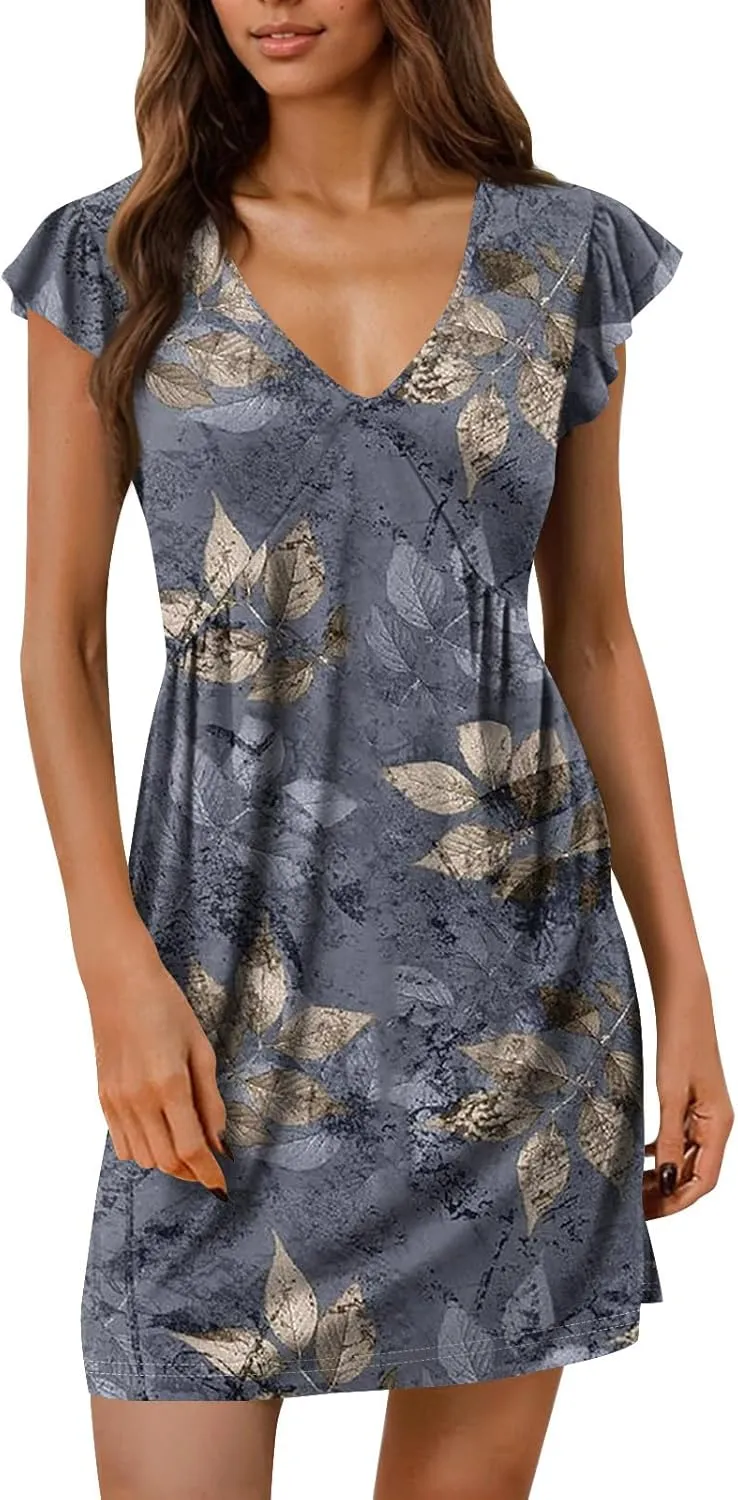 Summer Dress Deep V Neck Beach Sun Dress Ruffle Sleeve Mini Flapper Dress Floral Print Casual Dress