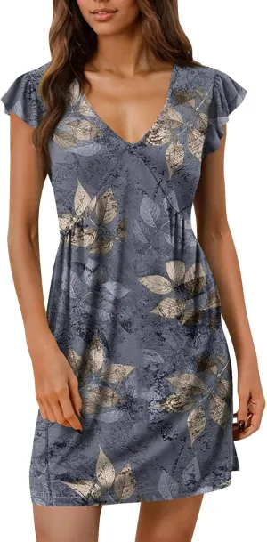 Summer Dress Deep V Neck Beach Sun Dress Ruffle Sleeve Mini Flapper Dress Floral Print Casual Dress