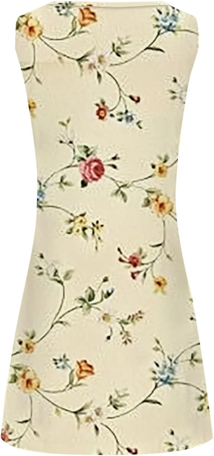 Summer Dresses for Women 2025 Beach Boho Sleeveless Sundresses Floral Print Tank Loose Sundress Spring Dress with Pocket