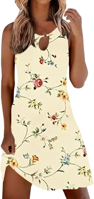 Summer Dresses for Women 2025 Beach Boho Sleeveless Sundresses Floral Print Tank Loose Sundress Spring Dress with Pocket