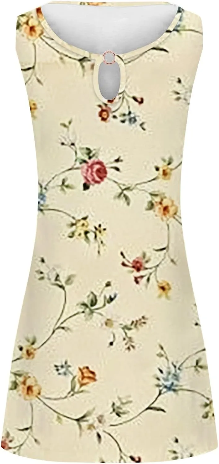 Summer Dresses for Women 2025 Beach Boho Sleeveless Sundresses Floral Print Tank Loose Sundress Spring Dress with Pocket