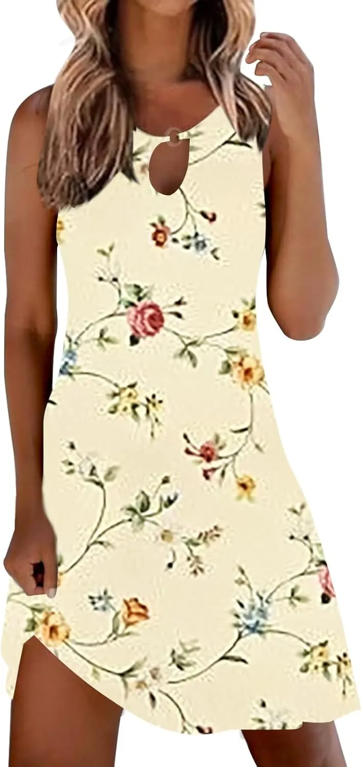 Summer Dresses for Women 2025 Beach Boho Sleeveless Sundresses Floral Print Tank Loose Sundress Spring Dress with Pocket