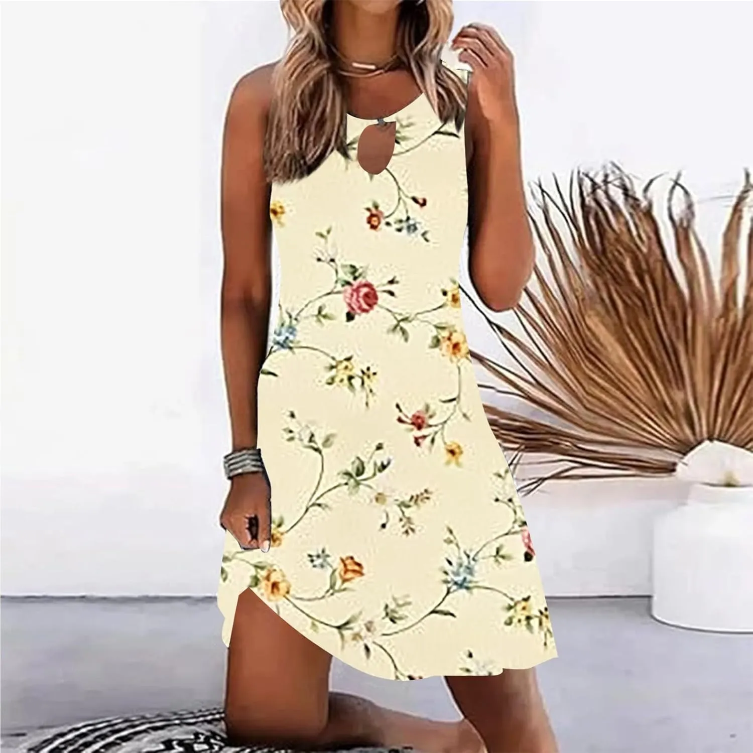Summer Dresses for Women 2025 Beach Boho Sleeveless Sundresses Floral Print Tank Loose Sundress Spring Dress with Pocket