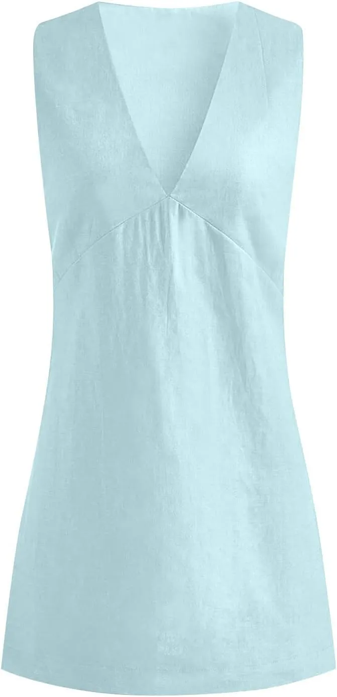 Summer Dresses for Women 2025 Cotton Linen Deep V Neck Sleeveless Sundresses Shift Mini Dress Vacation Sun Dresses