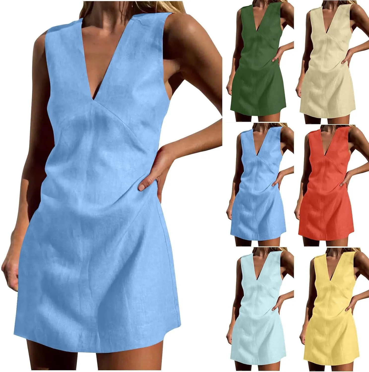 Summer Dresses for Women 2025 Cotton Linen Deep V Neck Sleeveless Sundresses Shift Mini Dress Vacation Sun Dresses