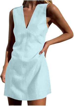 Summer Dresses for Women 2025 Cotton Linen Deep V Neck Sleeveless Sundresses Shift Mini Dress Vacation Sun Dresses