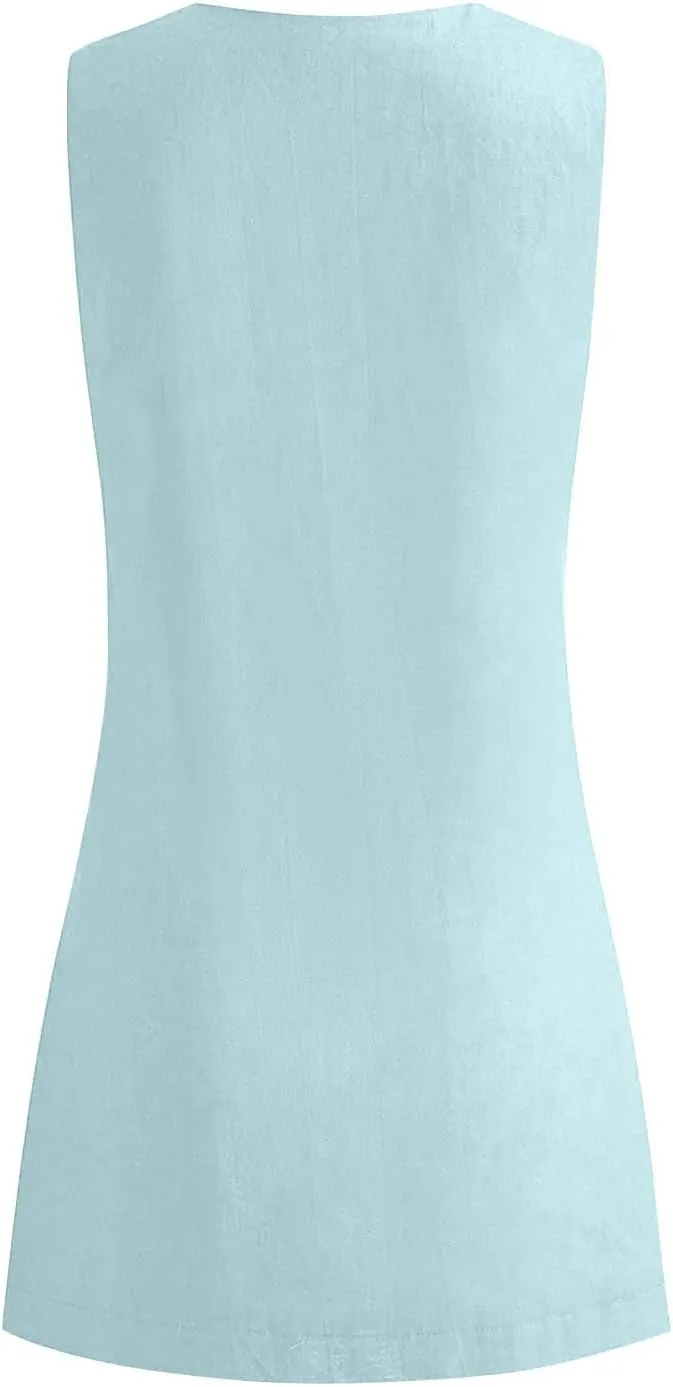 Summer Dresses for Women 2025 Cotton Linen Deep V Neck Sleeveless Sundresses Shift Mini Dress Vacation Sun Dresses