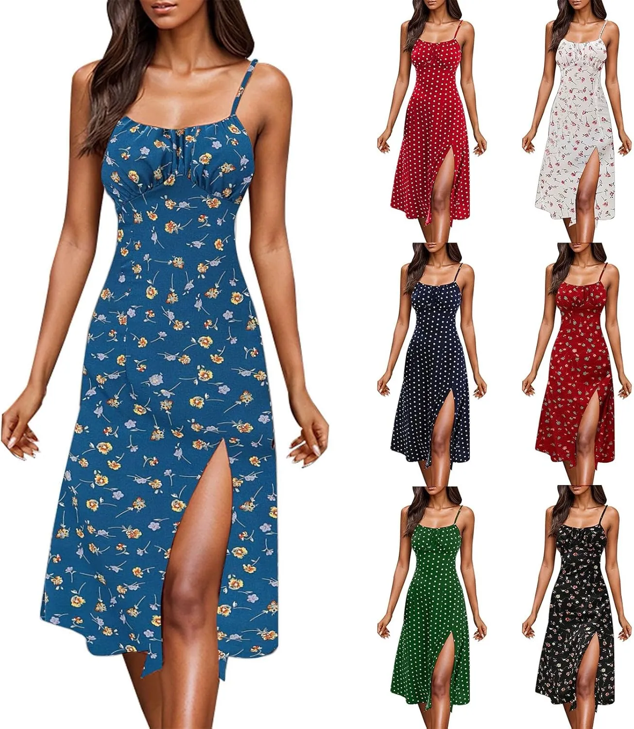 Summer Dresses for Women 2025 Polka Dot Dress Midi Dress Spaghetti Strap Slit Sundress Beach Vacation Clothes