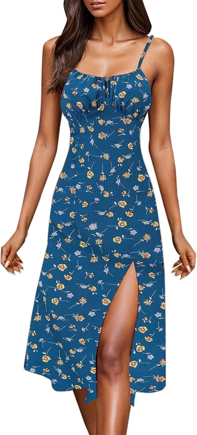 Summer Dresses for Women 2025 Polka Dot Dress Midi Dress Spaghetti Strap Slit Sundress Beach Vacation Clothes