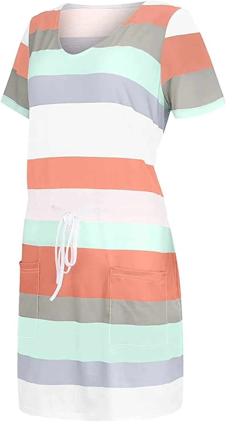 Summer Dresses for Women 2025 Striped A-Line Boho Sundress Short Sleeve V-Neck Beach Vacation Mini Dress with Pocket