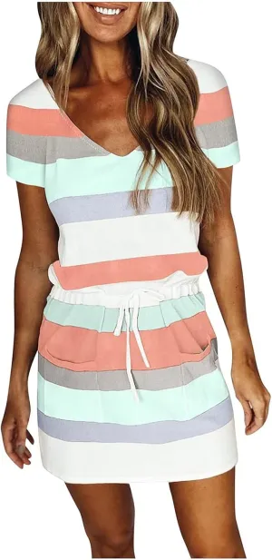 Summer Dresses for Women 2025 Striped A-Line Boho Sundress Short Sleeve V-Neck Beach Vacation Mini Dress with Pocket