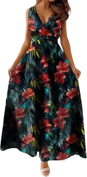 Summer Dresses for Women 2025 Trendy Sleeveless V Neck Floral Hawaiian Dress Flowy Maxi Sexy Beach Sundresses