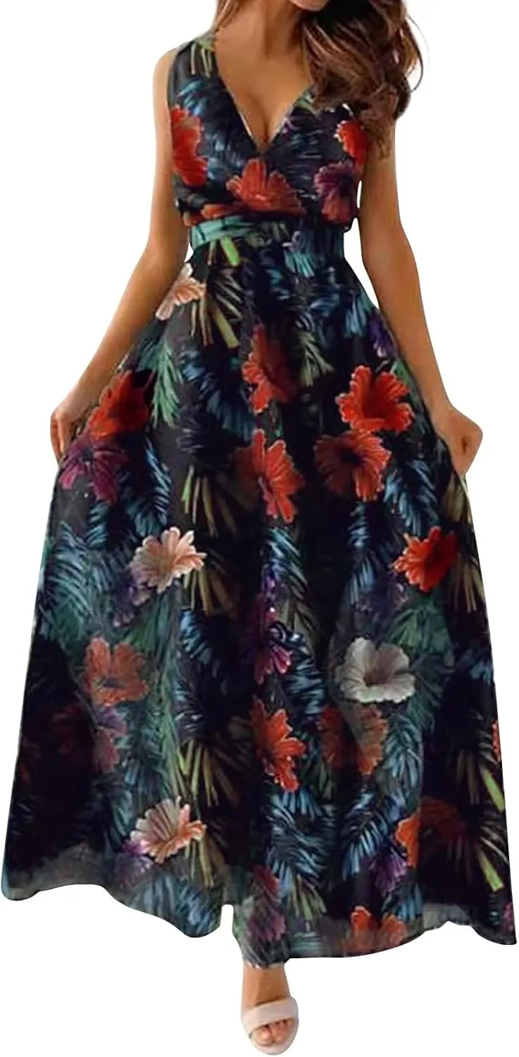 Summer Dresses for Women 2025 Trendy Sleeveless V Neck Floral Hawaiian Dress Flowy Maxi Sexy Beach Sundresses